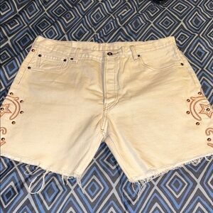 Levi's Cream Embroidered Denim Cutoff Shorts